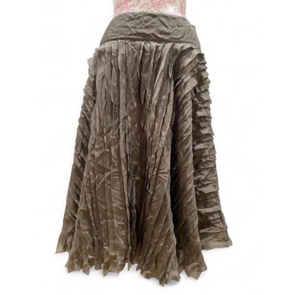 Vintage Y2K DKNY Textured Pleated 100% Silk Midi Skirt Sz 4 Green Grunge Fairy